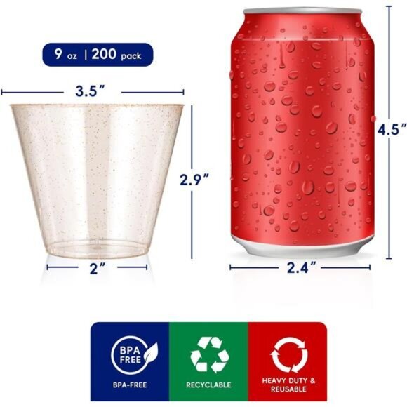 200 Pack 9 oz Glitter Plastic Cups, Disposable Gold Cups, Clear Plastic Tumblers - Picture 2 of 6